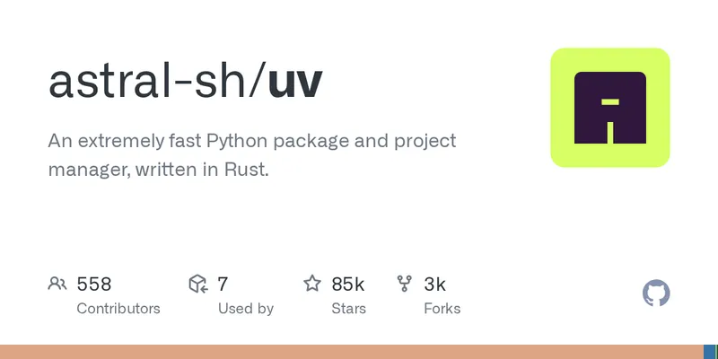 uv (Astral) GitHub repository at github.com/astral-sh/uv, the fast Python package manager this tutorial uses for the constraint-file install in Step 1