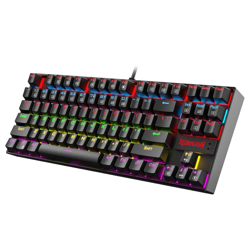 The Redragon K552 Kumara TKL mechanical keyboard with Rainbow LED backlight, the wired-only strict-budget pick