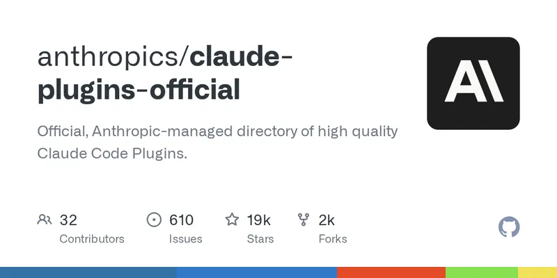 anthropics/claude-plugins-official GitHub repository banner — the canonical hosted plugin examples Anthropic ships under its official org.
