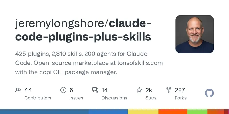 jeremylongshore/claude-code-plugins-plus-skills GitHub repository banner — the community marketplace cited in this section for plugin and skill discovery.