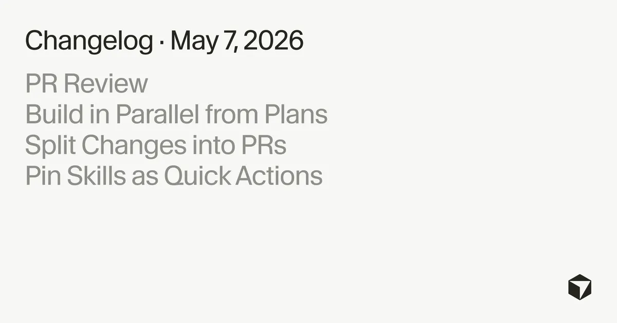Cursor 3.3 changelog page header announcing PR Review, Build Plan in Parallel, and Split PRs, dated 7 May 2026.