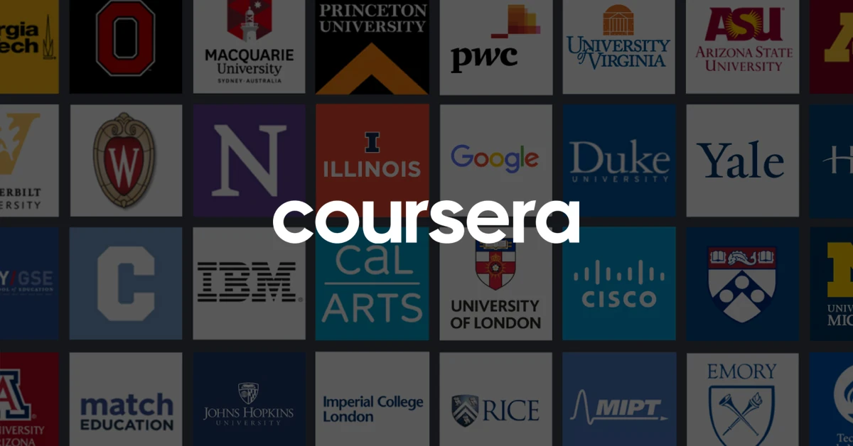 Coursera Plus partner-university logo grid from coursera.org/courseraplus, the marketing imagery for one of four upskilling subscriptions compared in this guide (DataCamp, Coursera Plus, Pluralsight, Udemy)