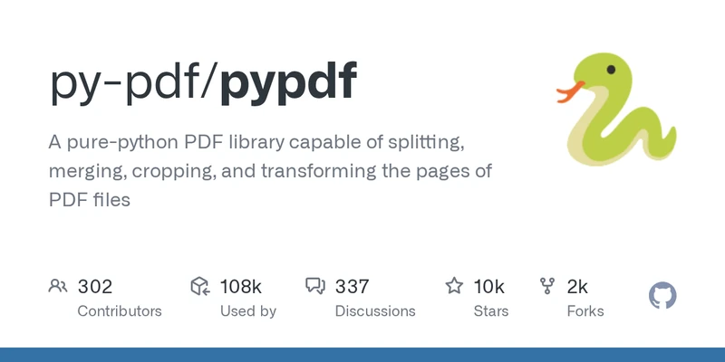The pypdf documentation page at pypdf.readthedocs.io showing the PdfReader API and the extract_text method this tutorial calls.