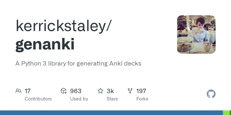 The genanki GitHub repository README showing the Model, Deck, and Note example pattern this code follows.