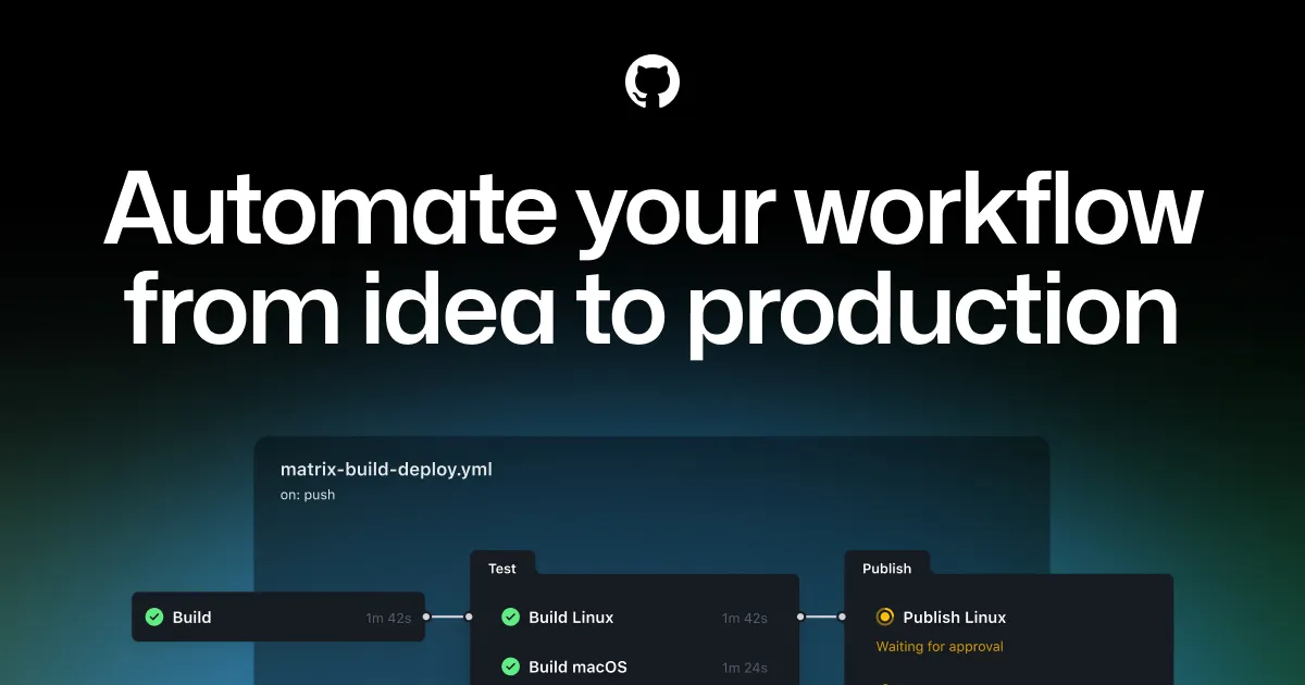 GitHub Actions feature page banner, the canonical landing surface for the workflow-automation service this tutorial builds against.