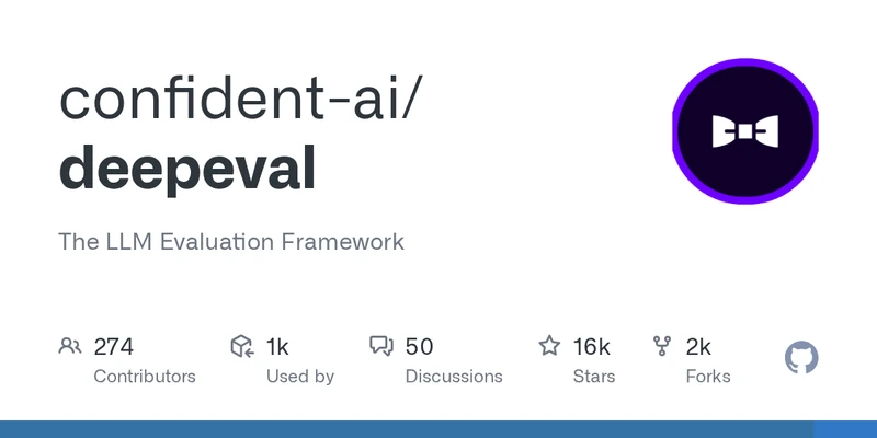 DeepEval GitHub repository README showing the framework's metric list and integration patterns