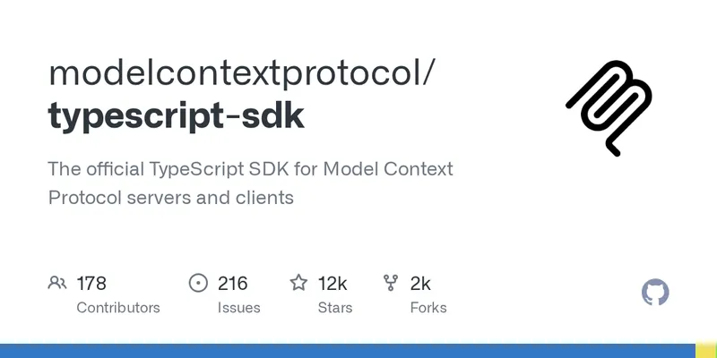 The MCP TypeScript SDK on GitHub at github.com/modelcontextprotocol/typescript-sdk, the official package this tutorial installs and imports the Server class and StdioServerTransport from