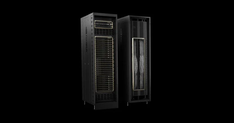 NVIDIA's GB200 NVL72 product page documenting the rack-scale system that links 36 Grace CPUs and 72 Blackwell GPUs as a single NVLink domain