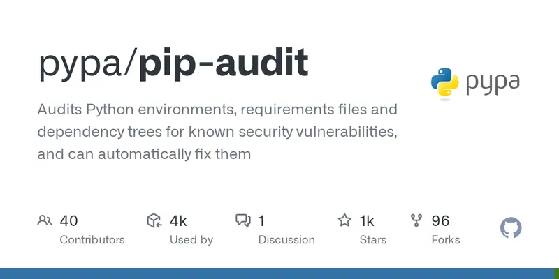 pip-audit GitHub repository at github.com/pypa/pip-audit, the PyPA-maintained Python dependency-vulnerability scanner this section configures in CI