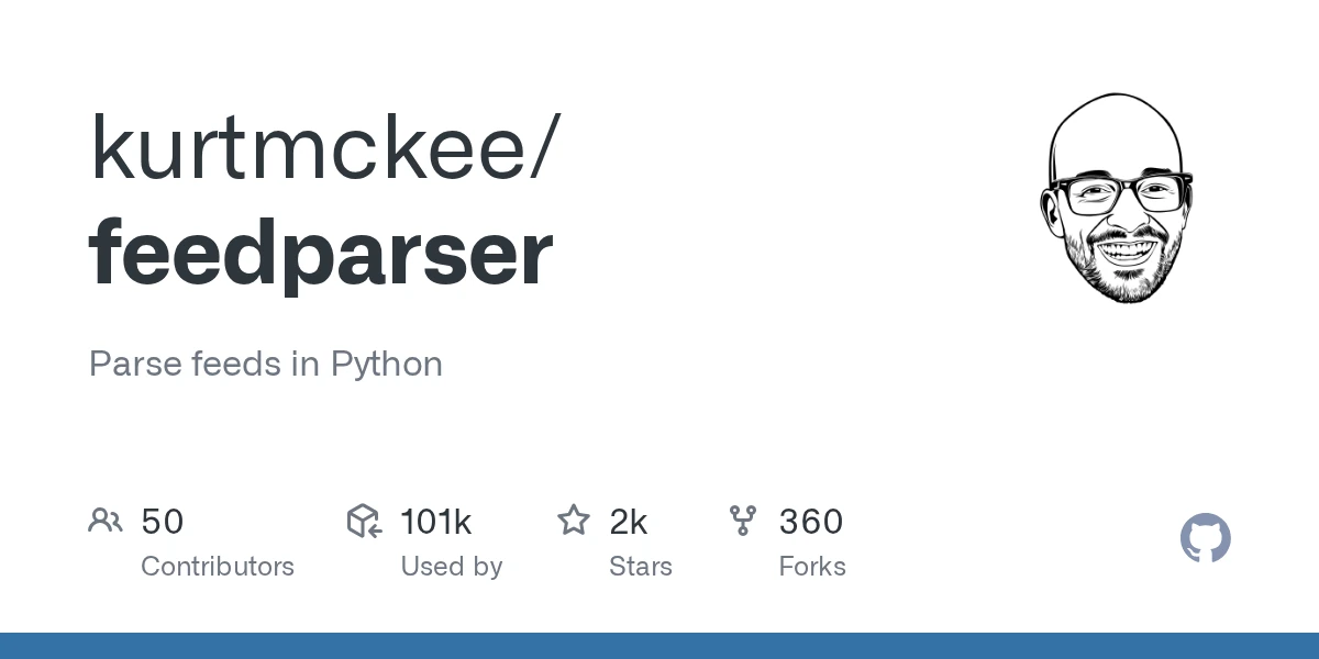 GitHub social card for kurtmckee/feedparser — the Python RSS and Atom parser used to poll feeds in this tutorial