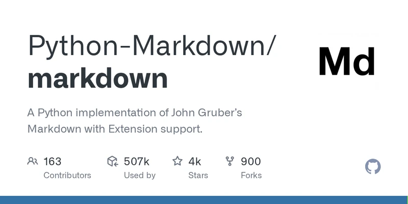 GitHub social card for Python-Markdown/markdown — the Python Markdown-to-HTML library used to render the digest body before email send