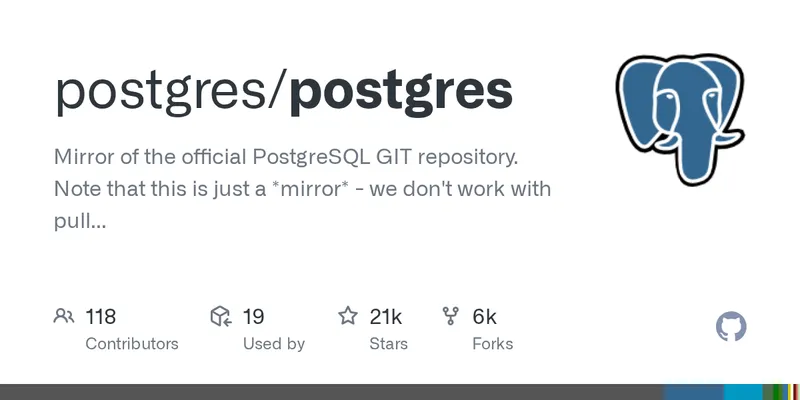 The postgres/postgres GitHub repository page on github.com, the official source-code mirror for the PostgreSQL project this tutorial uses
