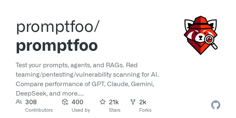 Promptfoo open-source repository on GitHub at github.com/promptfoo/promptfoo, hosting the source plus the community-maintained CI examples this tutorial's workflow draws from