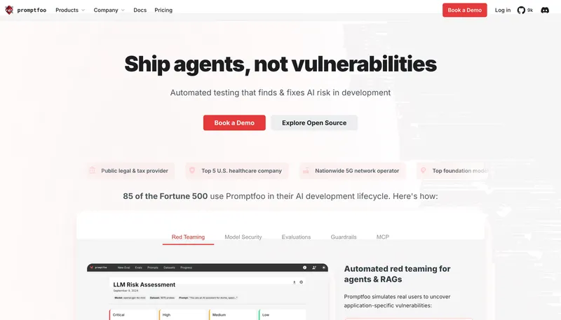 The Promptfoo home page on promptfoo.dev framing the open-source CLI and library, the canonical surface for tutorial readers continuing past this 60-minute build