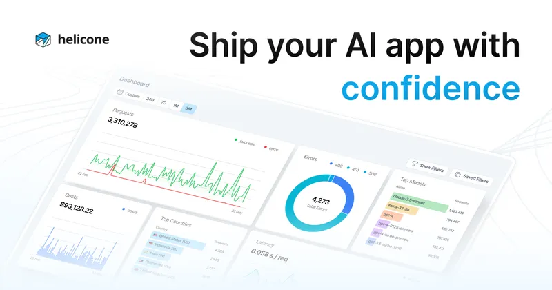 Helicone product home page from helicone.ai showing the production LLM observability platform with proxy-mode integration, cost tracking, and gateway features