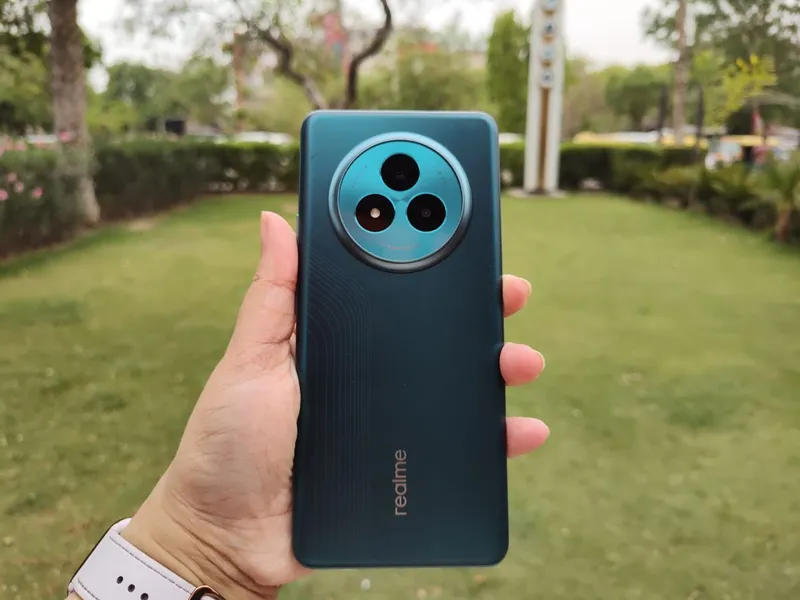 Realme Narzo 80 Pro 5G rear panel detail showing the dual-camera module and HyperGlow finish