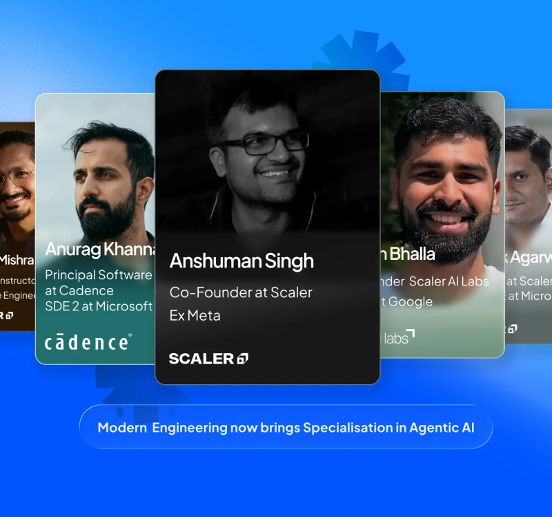 Scaler instructor / co-founder cards from the Scaler programme page — central card carries Anshuman Singh's portrait with the caption 'Co-Founder at Scaler, Ex Meta' below the SCALER wordmark, flanked by additional instructor cards (Anurag Khanna, Principal Software at Cadence; Scaler AI Labs founder Bhalla; Microsoft engineer Agarwal), tagline 'Modern Engineering now brings Specialisation in Agentic AI'