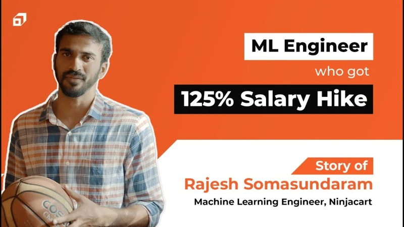 Scaler alumni success-story thumbnail from the Scaler programme page — portrait photograph of Rajesh Somasundaram (Machine Learning Engineer at Ninjacart) with the headline 'ML Engineer who got 125% Salary Hike' on an orange Scaler-branded background, Scaler cube logo visible in the top-left corner