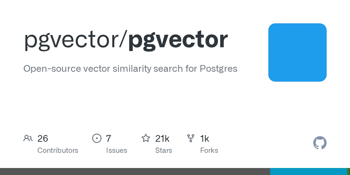pgvector GitHub repository README showing the open-source PostgreSQL extension for vector similarity search