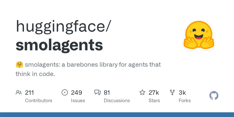 Smolagents open-source repository on GitHub at github.com/huggingface/smolagents, hosting the framework's full source including the agents.py file with the reasoning-and-action loop
